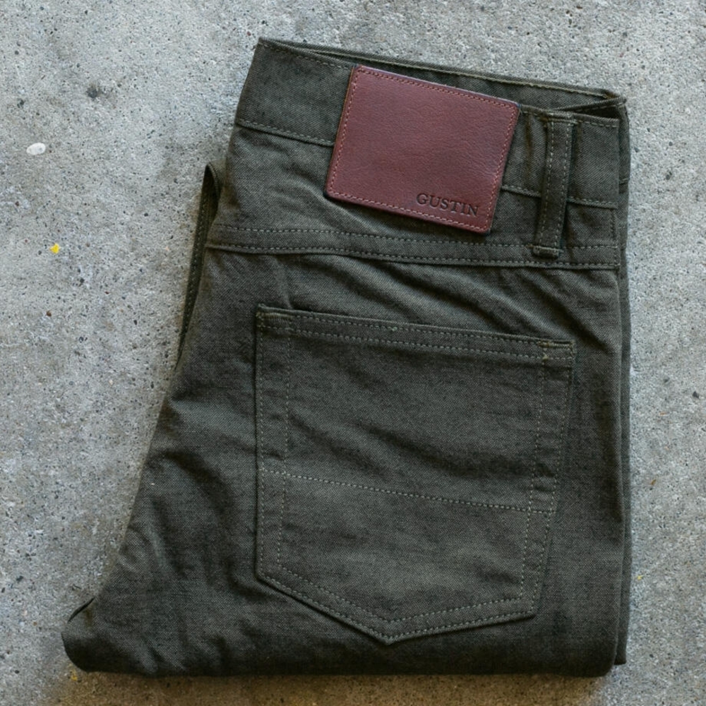 #121 Japan Brushed Linen Chambray 5 Pocket - OliveXBlack